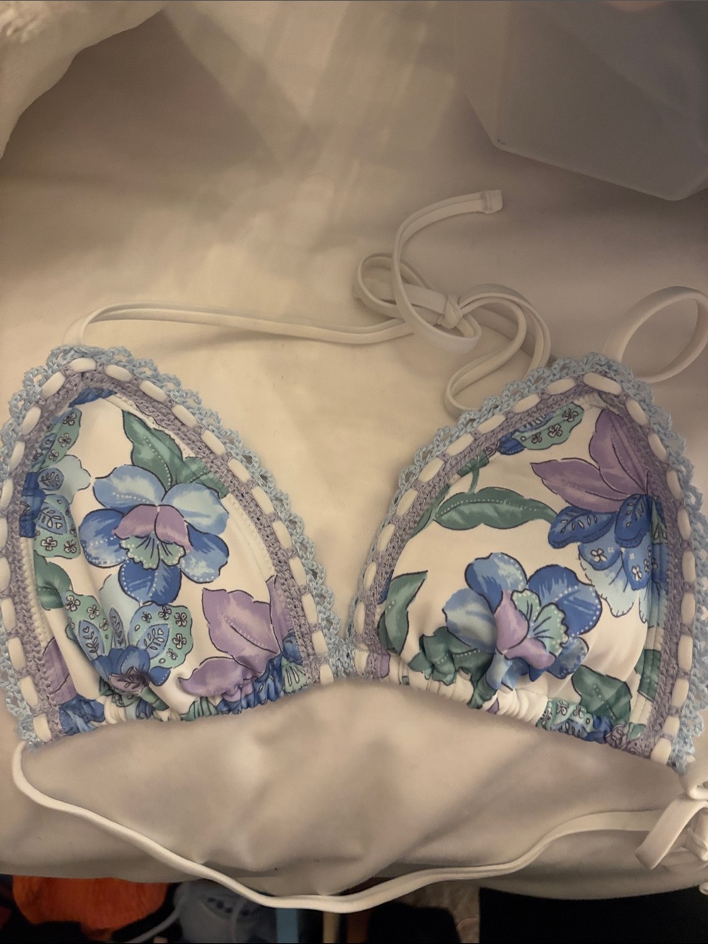 Hollister White Floral Crochet Trim Triangle Bikini Top - Blue & Purple